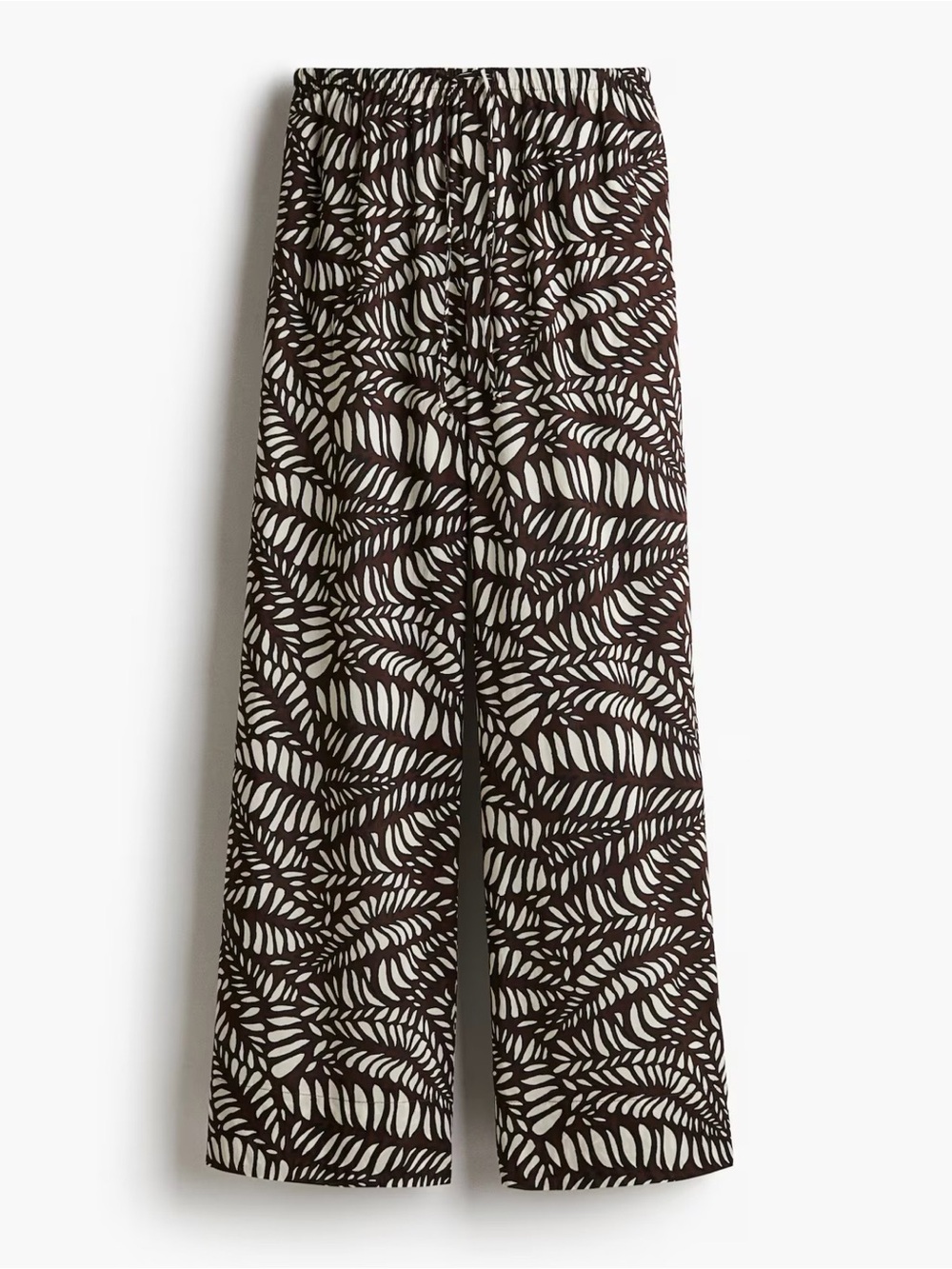 H&M Dark Brown Tropical Leaf Print Wide Leg Drawstring Pants M NWT